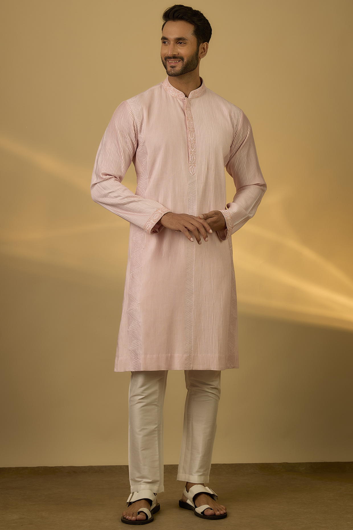 Baby Pink Chanderi Hand & Machine Embroidered Kurta Set by SAMMOHAN