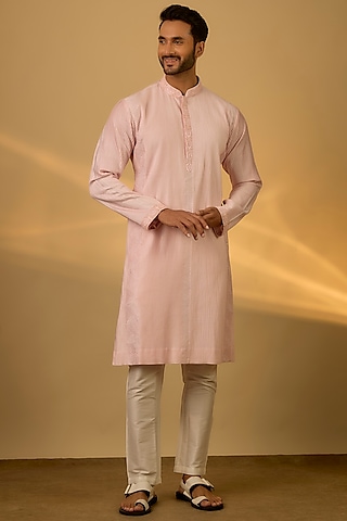 Baby Pink Chanderi Hand & Machine Embroidered Kurta Set by SAMMOHAN