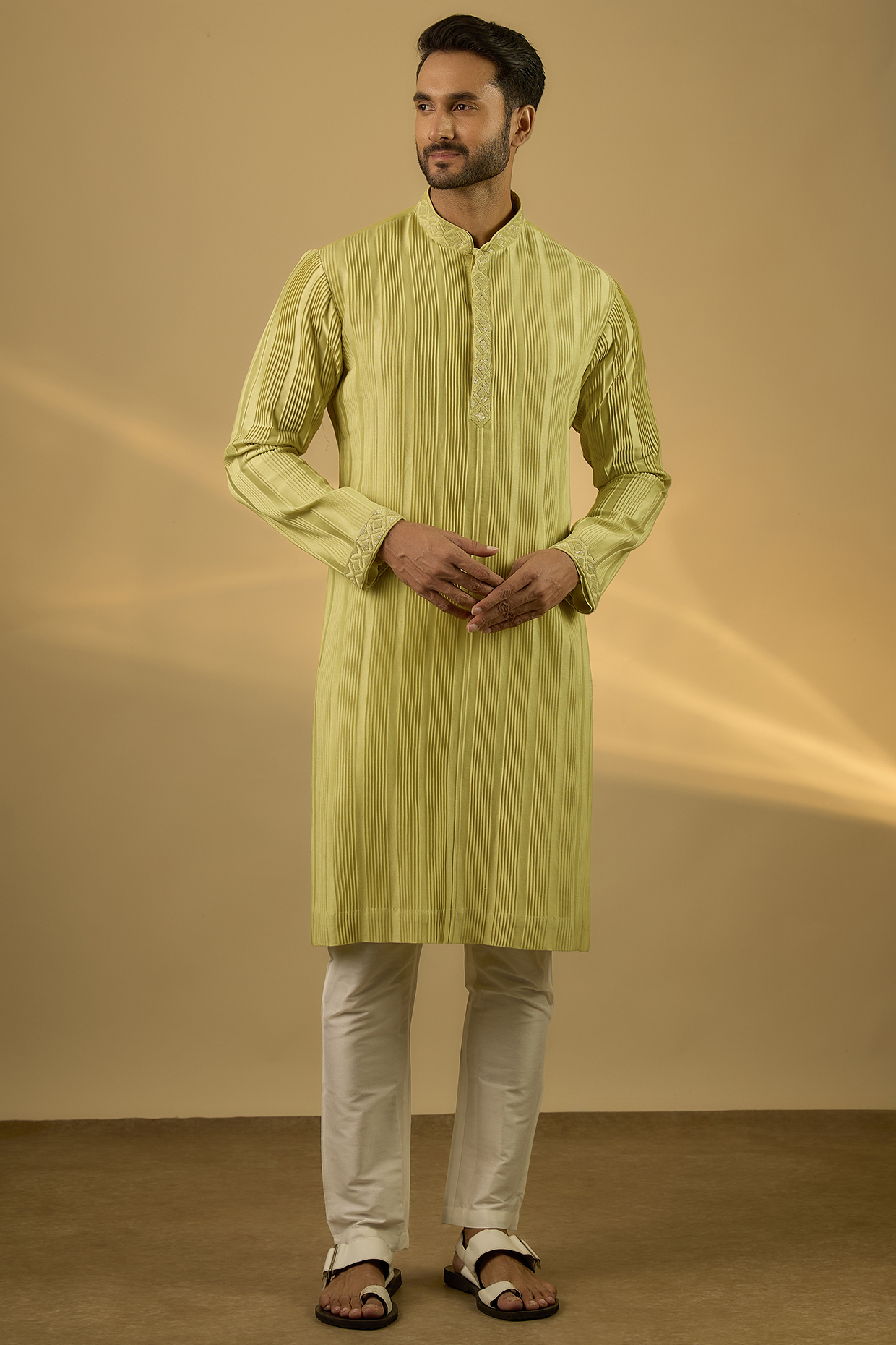 Light Green Chanderi Hand & Machine Embroidered Kurta Set by SAMMOHAN