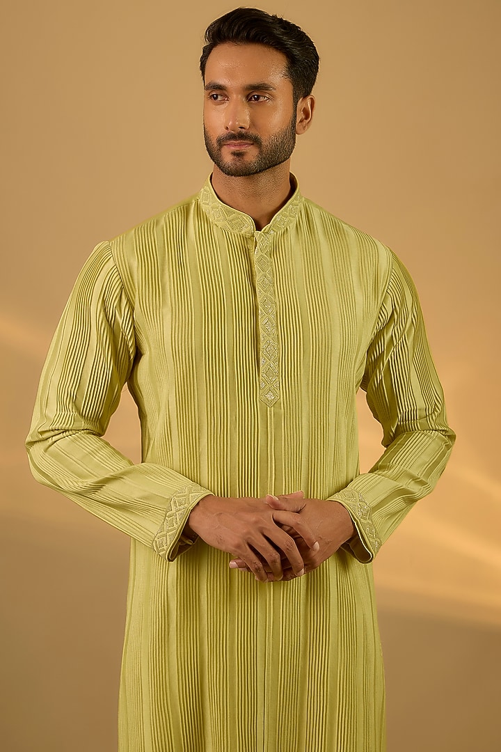 Light Green Chanderi Hand & Machine Embroidered Kurta Set by SAMMOHAN at Pernia's Pop Up Shop