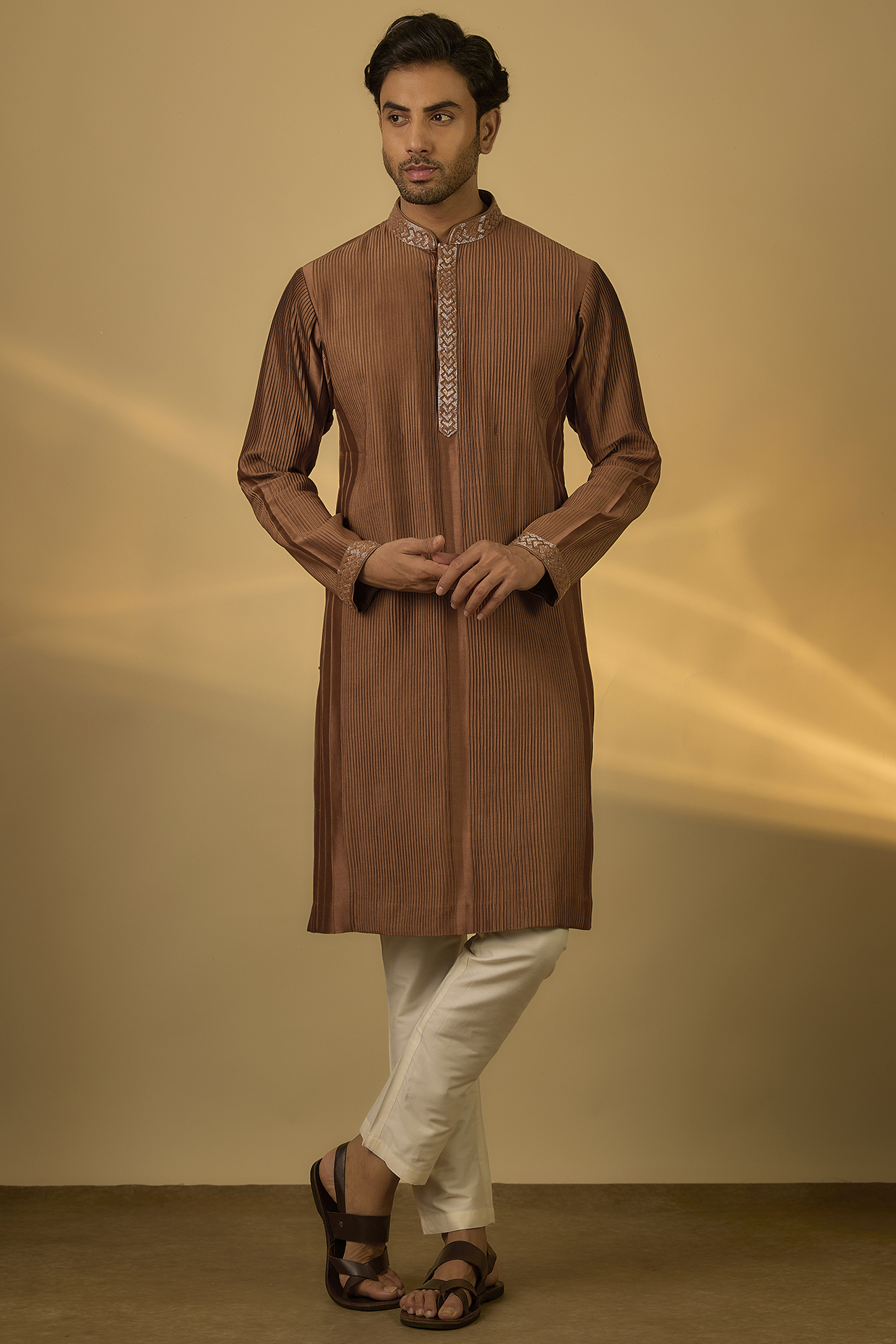 Brown Chanderi Hand & Machine Embroidered Kurta Set by SAMMOHAN