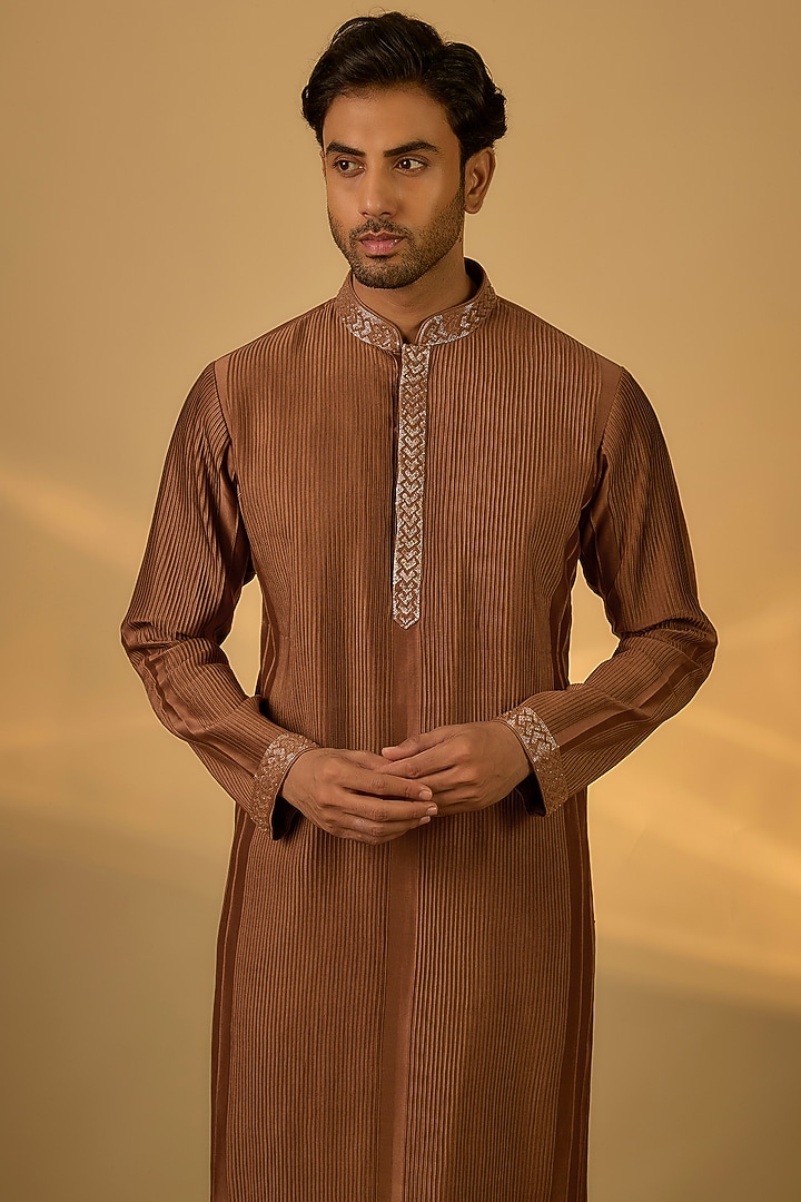 Brown Chanderi Hand & Machine Embroidered Kurta Set by SAMMOHAN at Pernia's Pop Up Shop