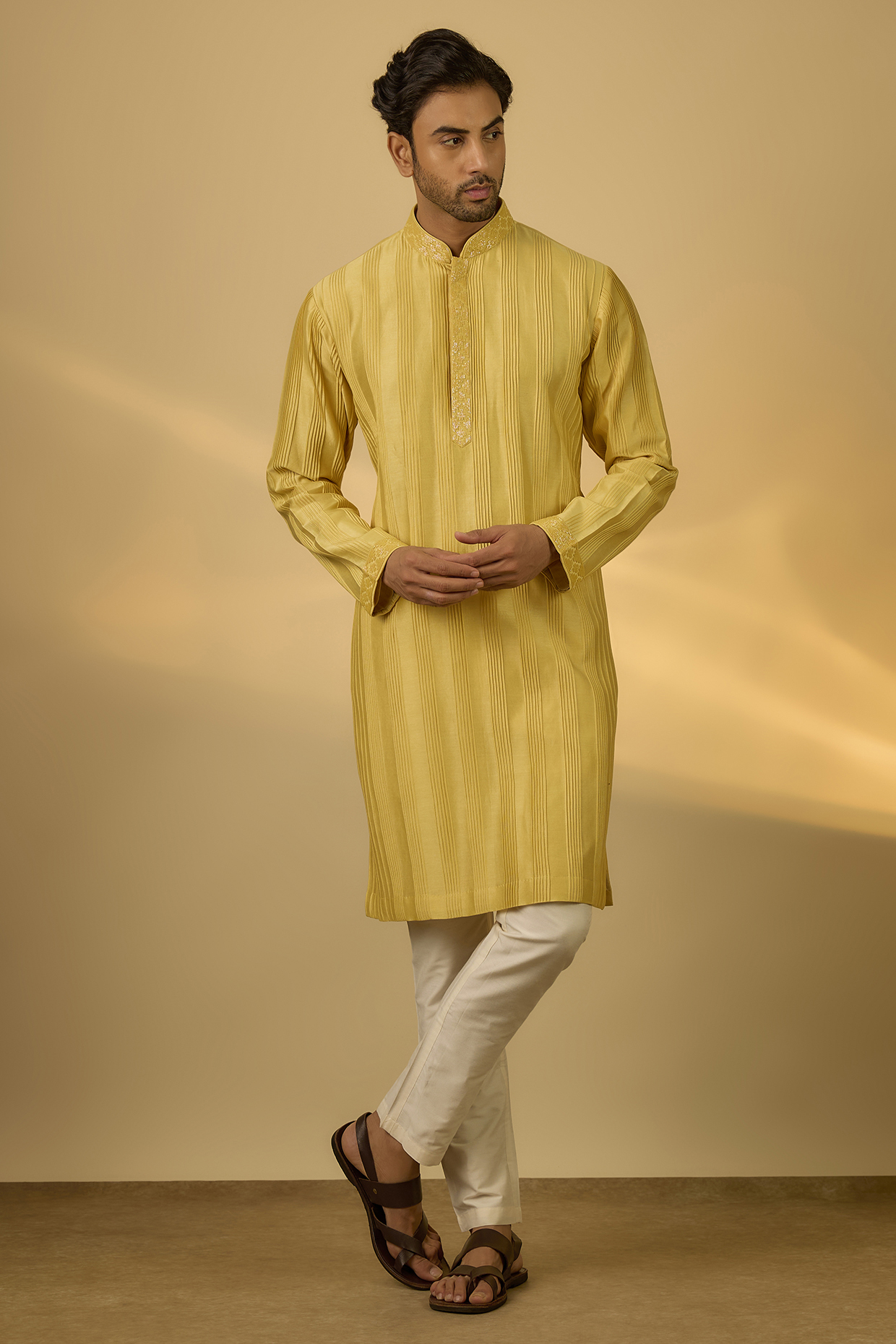 Yellow Chanderi Hand & Machine Embroidered Kurta Set by SAMMOHAN