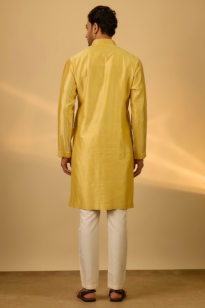 Yellow Chanderi Hand & Machine Embroidered Kurta Set by SAMMOHAN at Pernia's Pop Up Shop