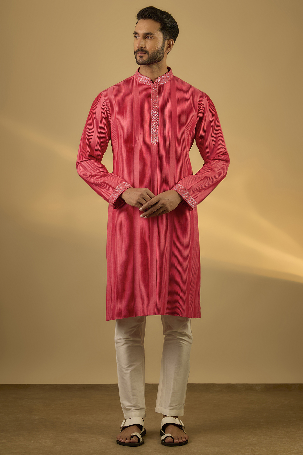 Light Red Chanderi Hand & Machine Embroidered Kurta Set by SAMMOHAN