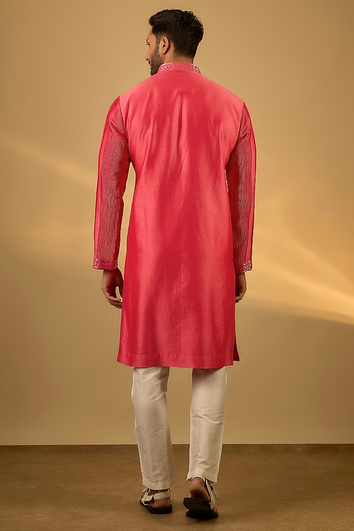 Light Red Chanderi Hand & Machine Embroidered Kurta Set by SAMMOHAN at Pernia's Pop Up Shop