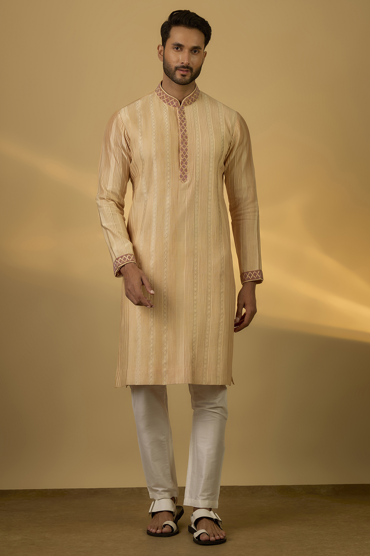 Yellow Chanderi Hand & Machine Embroidered Kurta Set by SAMMOHAN