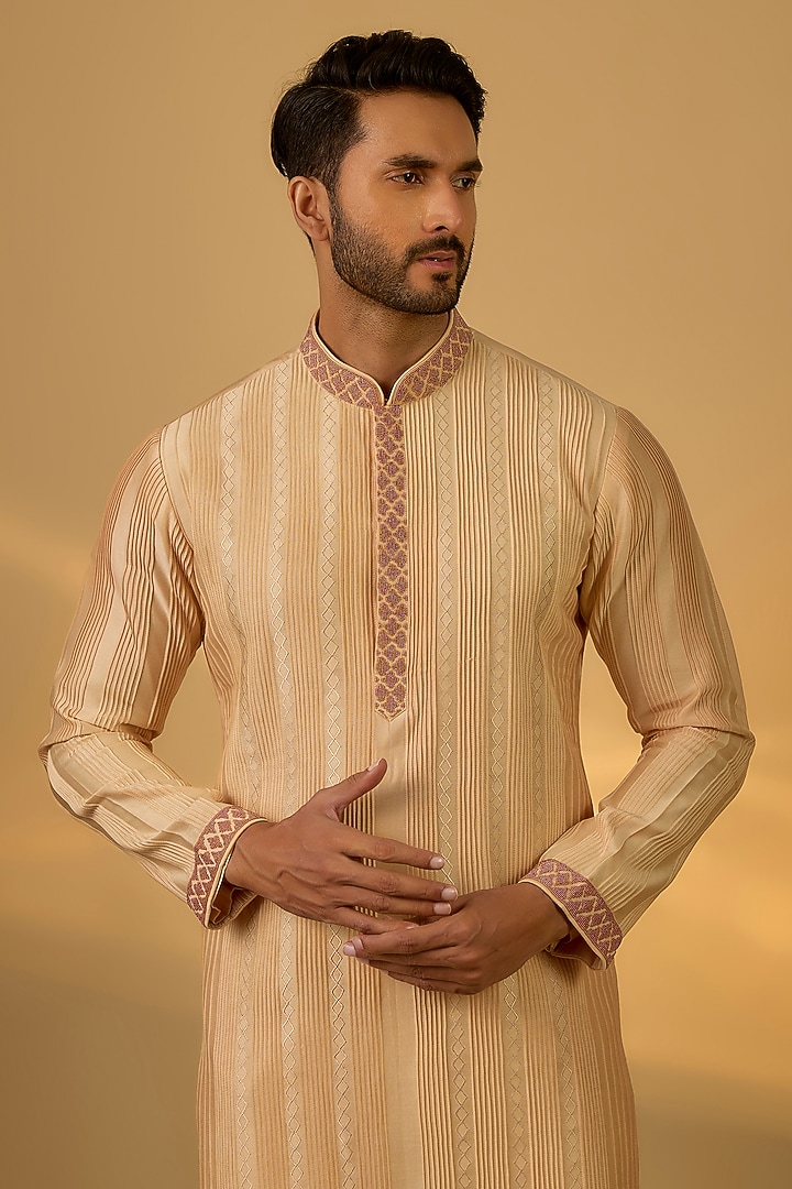 Yellow Chanderi Hand & Machine Embroidered Kurta Set by SAMMOHAN at Pernia's Pop Up Shop
