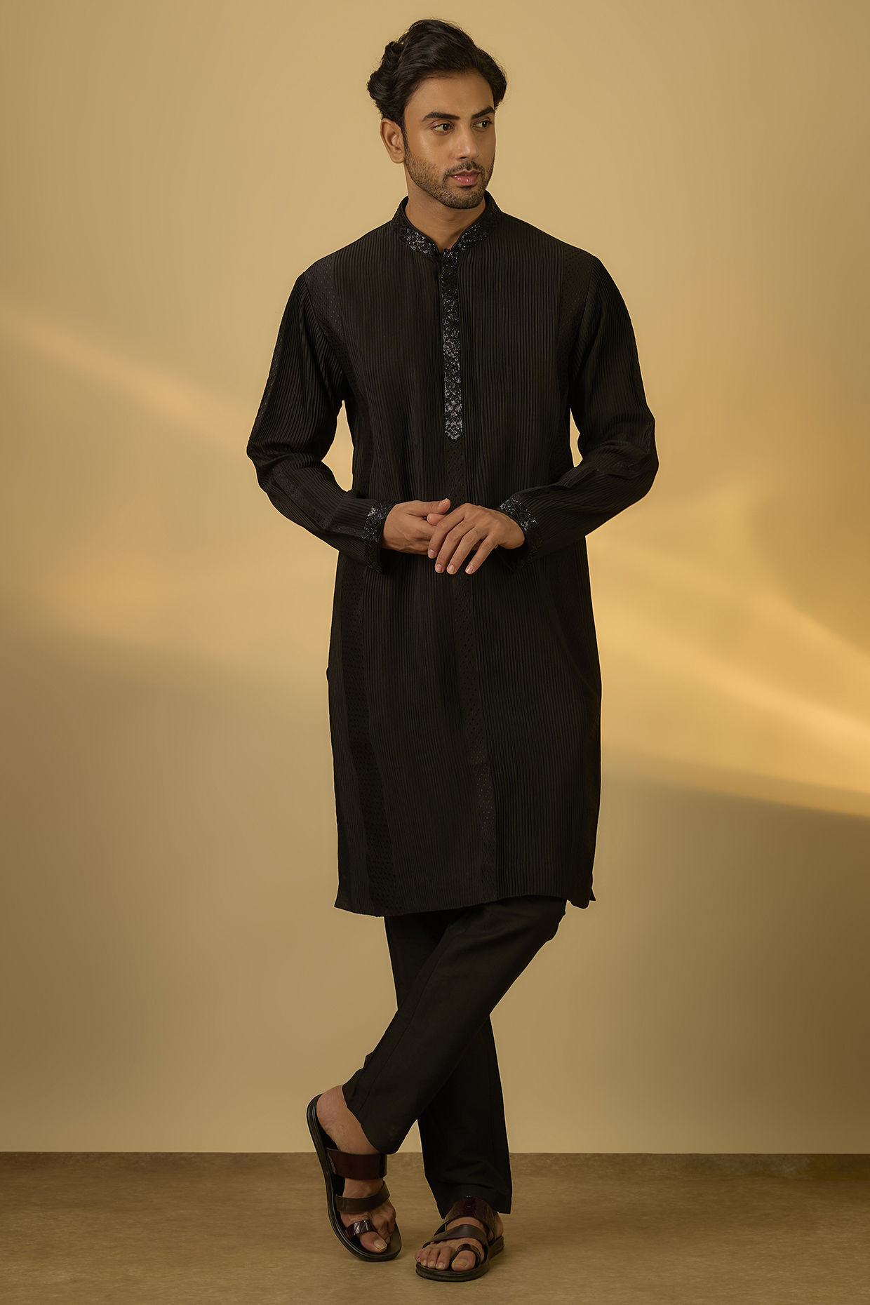 Black Chanderi Hand & Machine Embroidered Kurta Set by SAMMOHAN