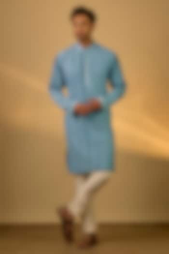 Powder Blue Chanderi Hand & Machine Embroidered Kurta Set by SAMMOHAN at Pernia's Pop Up Shop