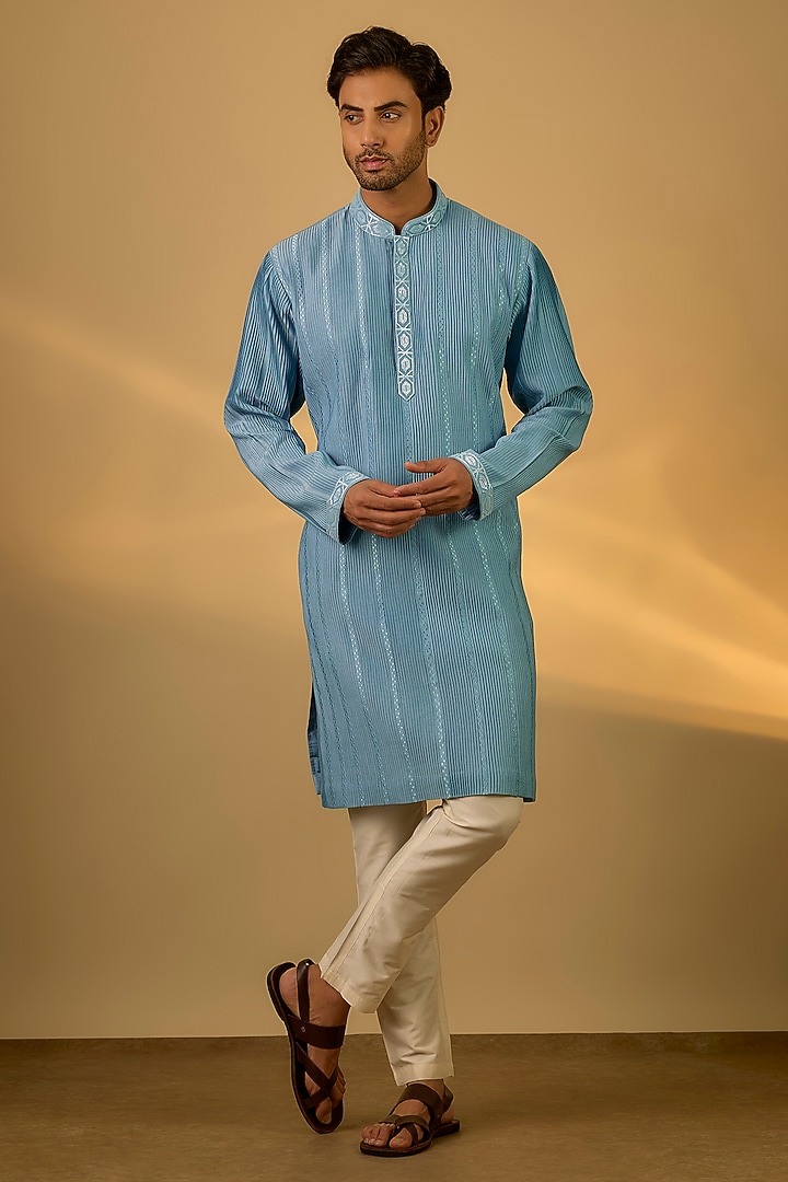 Powder Blue Chanderi Hand & Machine Embroidered Kurta Set by SAMMOHAN at Pernia's Pop Up Shop