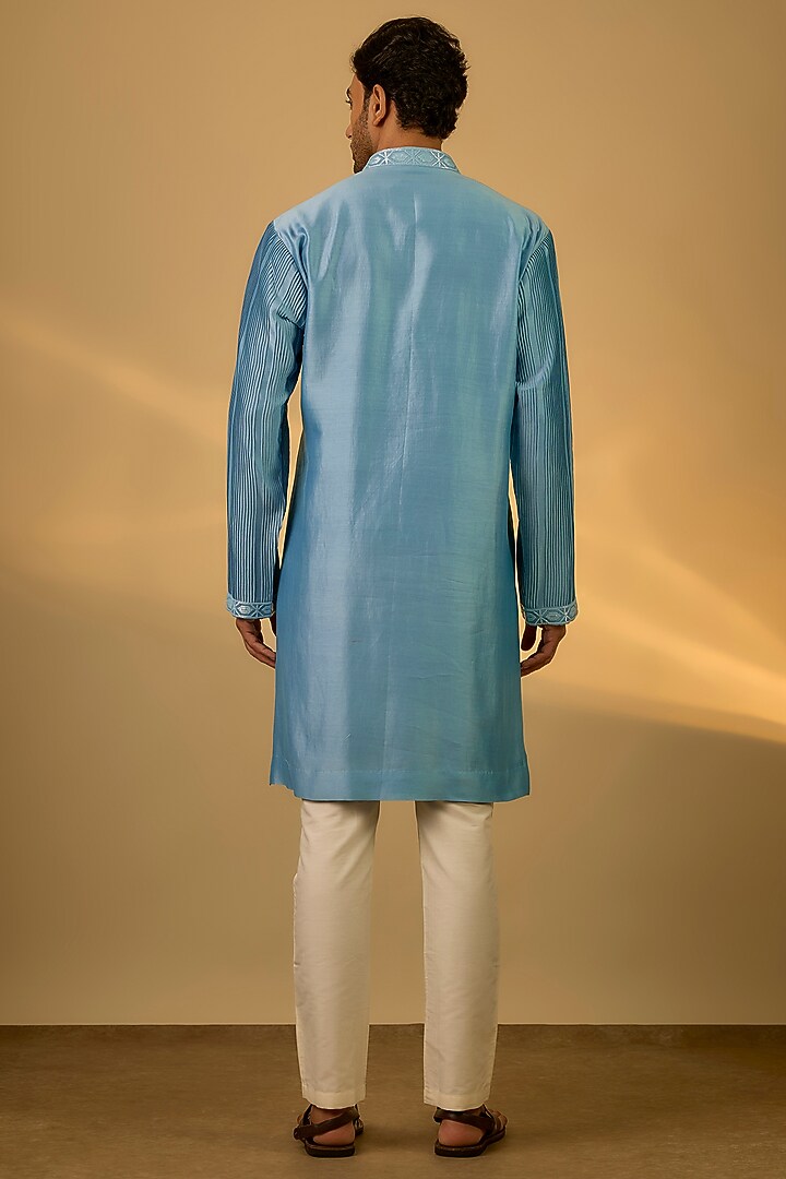 Powder Blue Chanderi Hand & Machine Embroidered Kurta Set by SAMMOHAN at Pernia's Pop Up Shop