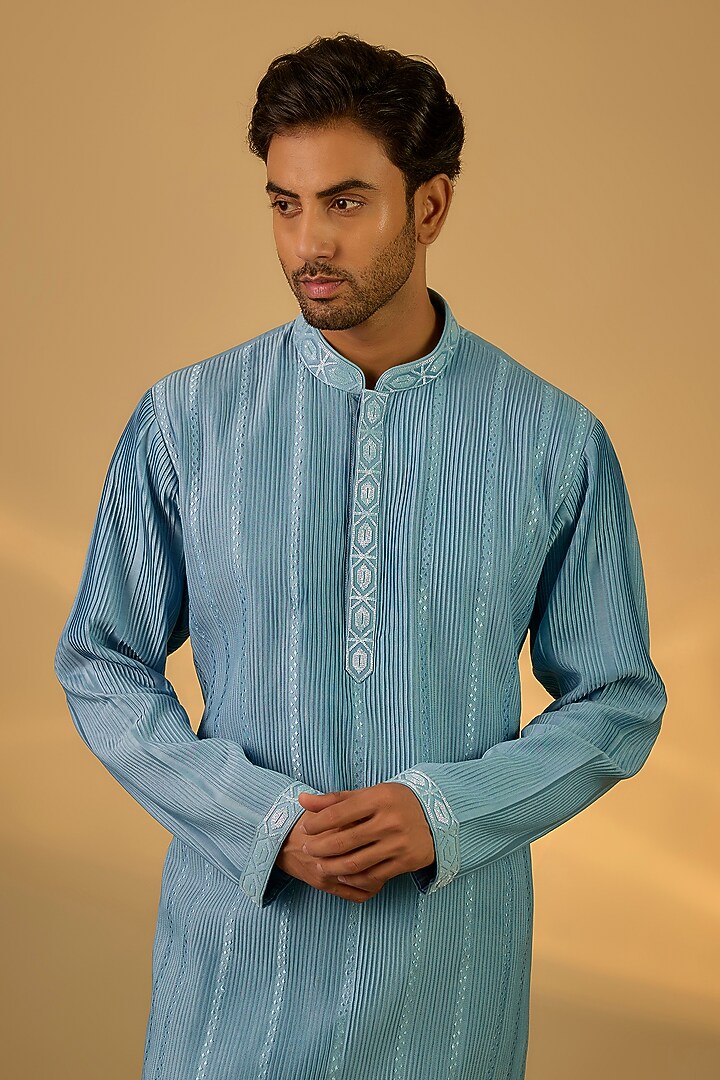 Powder Blue Chanderi Hand & Machine Embroidered Kurta Set by SAMMOHAN at Pernia's Pop Up Shop