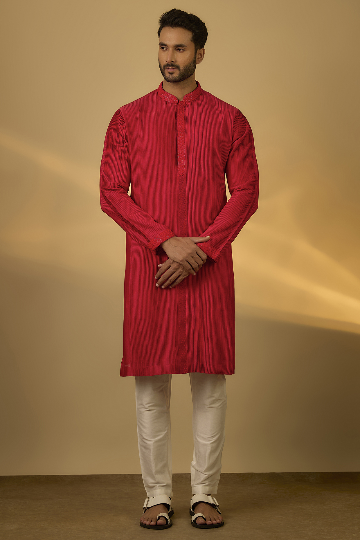 Red Chanderi Hand & Machine Embroidered Kurta Set by SAMMOHAN