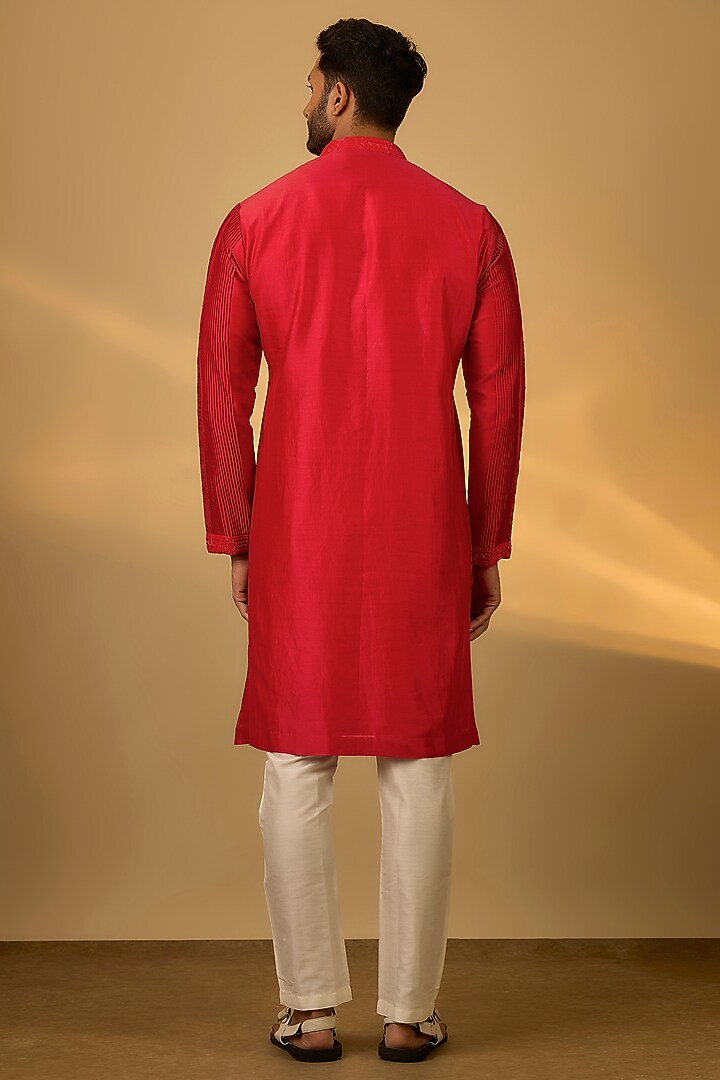 Red Chanderi Hand & Machine Embroidered Kurta Set by SAMMOHAN at Pernia's Pop Up Shop