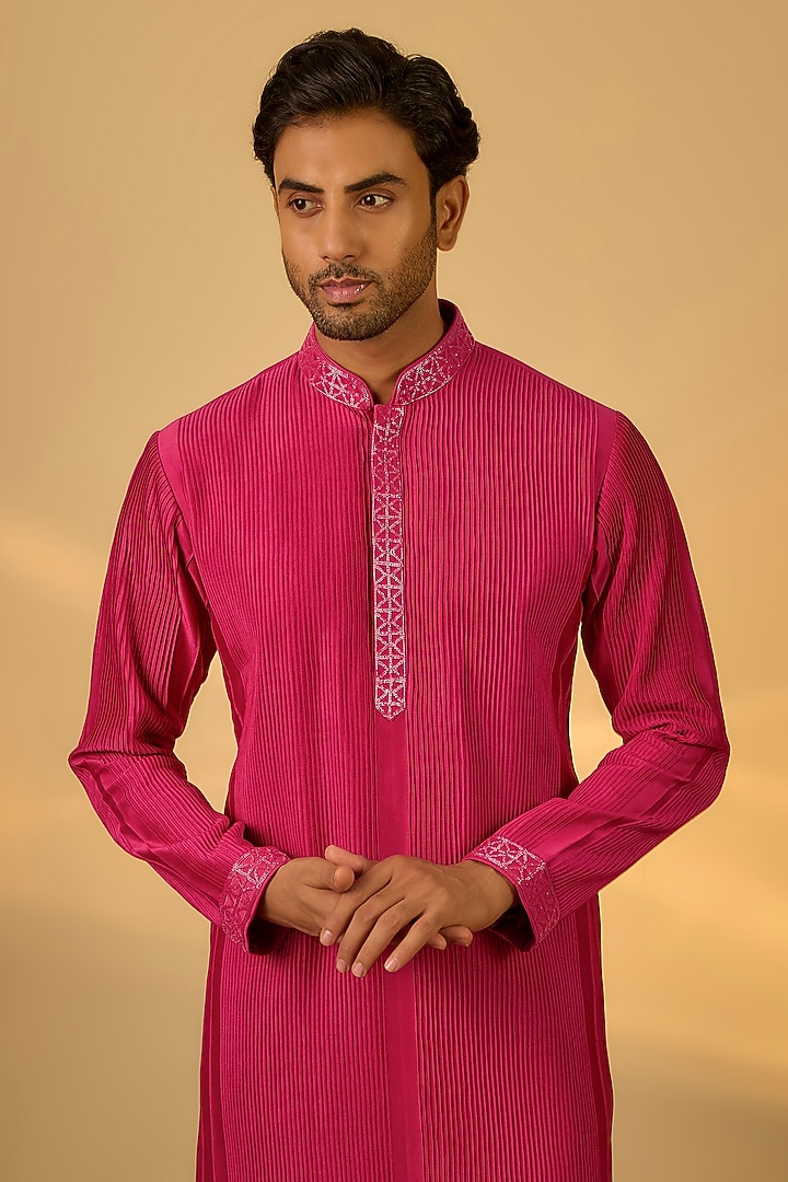 Purple Chanderi Hand & Machine Embroidered Kurta Set by SAMMOHAN at Pernia's Pop Up Shop