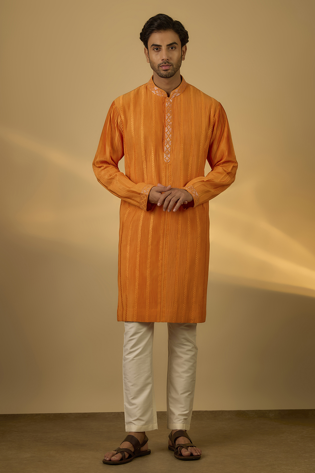 Orange Chanderi Hand & Machine Embroidered Kurta Set by SAMMOHAN