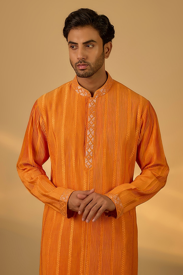 Orange Chanderi Hand & Machine Embroidered Kurta Set by SAMMOHAN at Pernia's Pop Up Shop