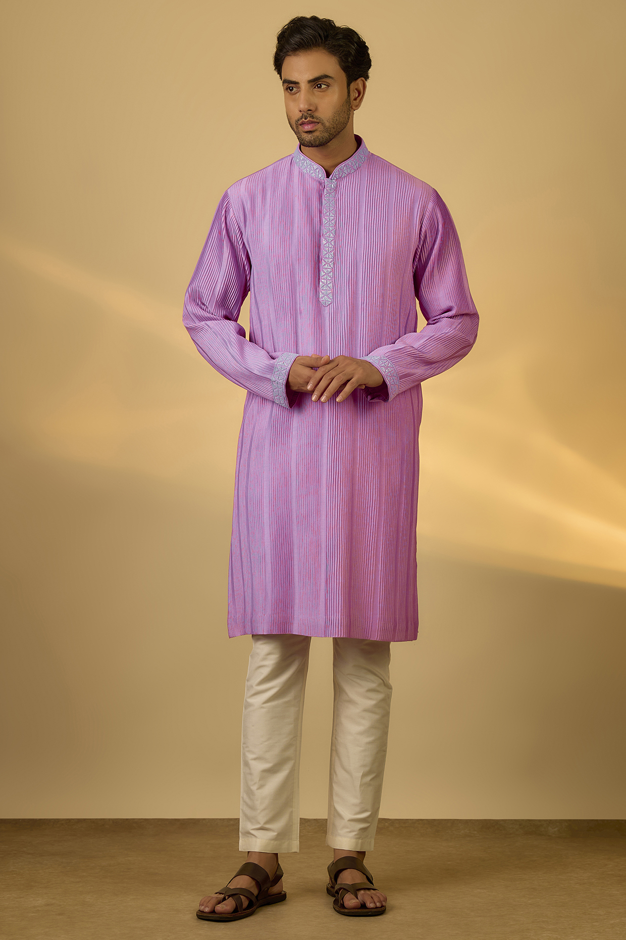 Lilac Chanderi Hand & Machine Embroidered Kurta Set by SAMMOHAN