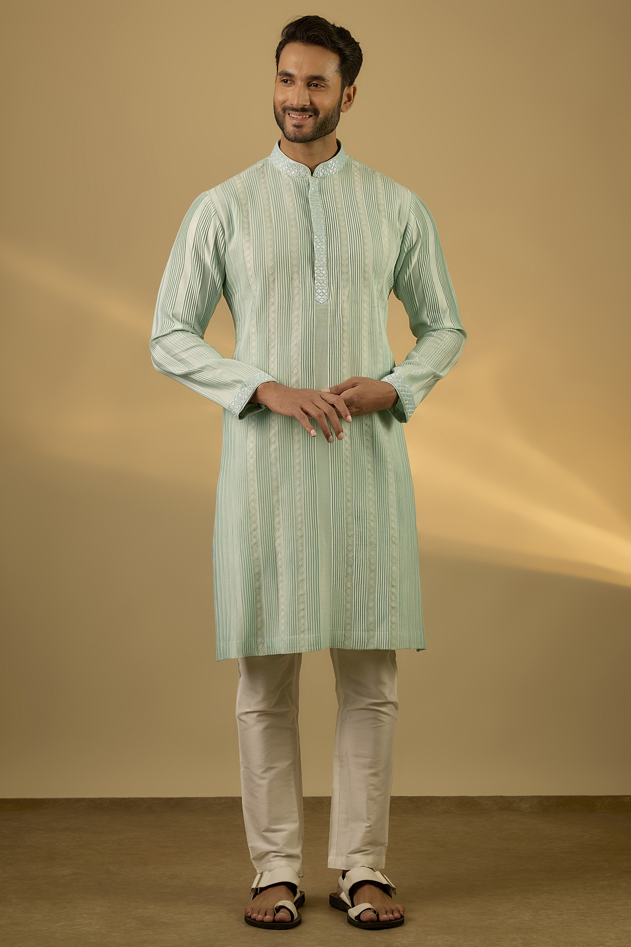 Sea Green Chanderi Hand & Machine Embroidered Kurta Set by SAMMOHAN