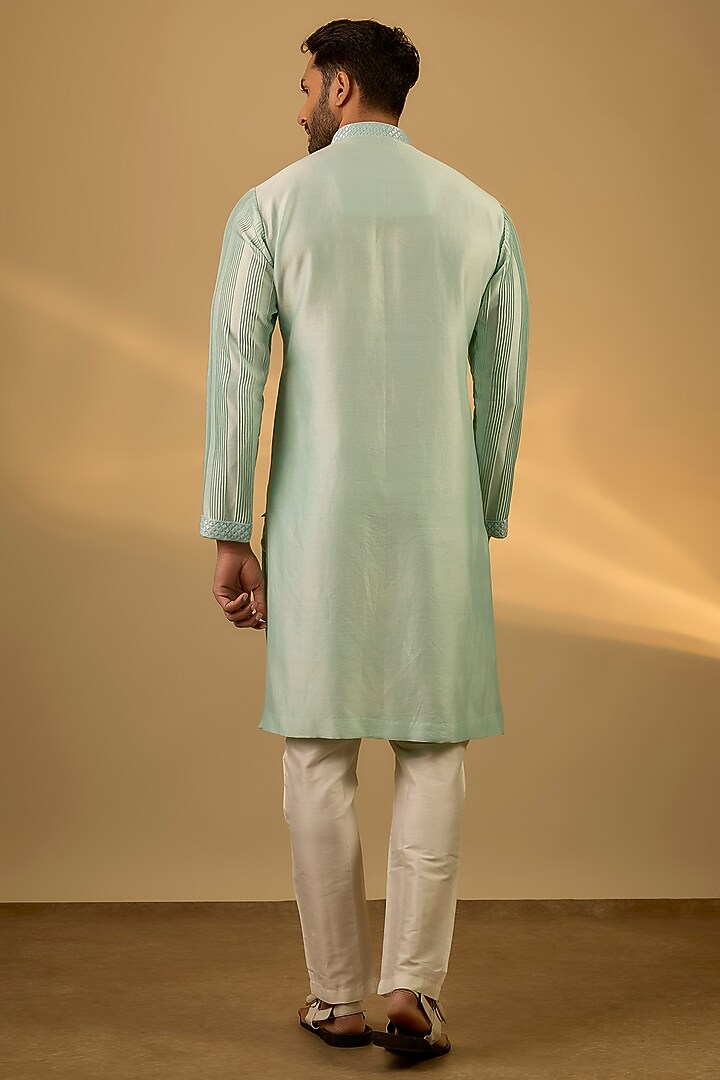 Sea Green Chanderi Hand & Machine Embroidered Kurta Set by SAMMOHAN at Pernia's Pop Up Shop