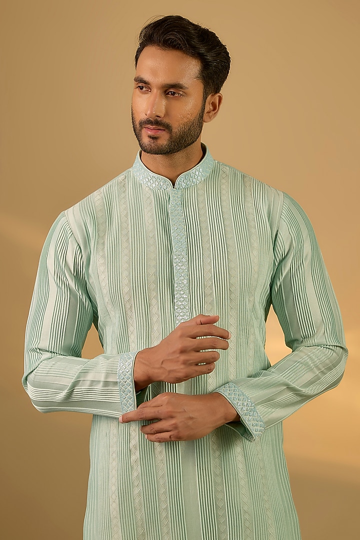 Sea Green Chanderi Hand & Machine Embroidered Kurta Set by SAMMOHAN at Pernia's Pop Up Shop