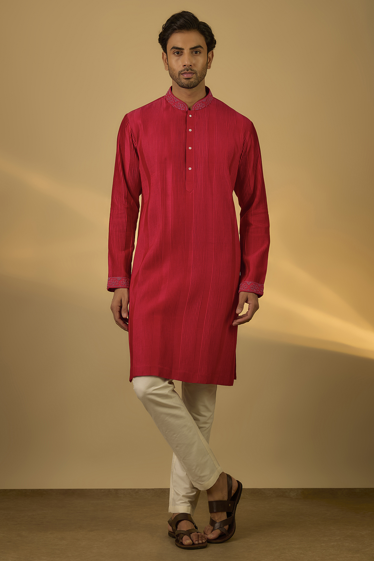 Red Chanderi Hand & Machine Embroidered Kurta Set by SAMMOHAN