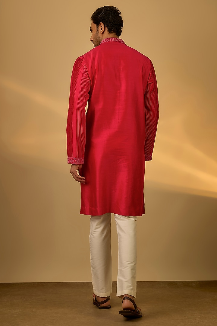 Red Chanderi Hand & Machine Embroidered Kurta Set by SAMMOHAN at Pernia's Pop Up Shop