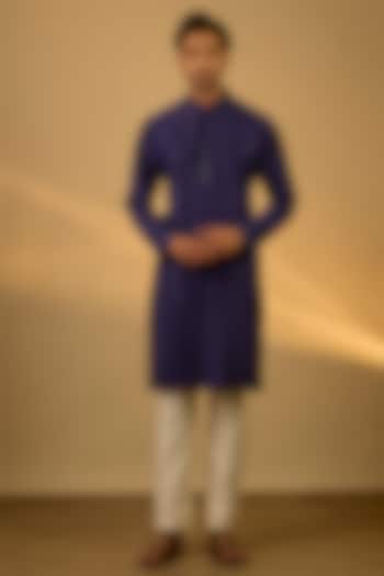 Blue Chanderi Hand & Machine Embroidered Kurta Set by SAMMOHAN at Pernia's Pop Up Shop