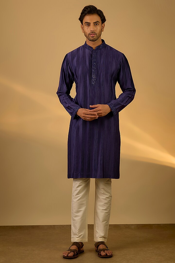 Blue Chanderi Hand & Machine Embroidered Kurta Set by SAMMOHAN at Pernia's Pop Up Shop