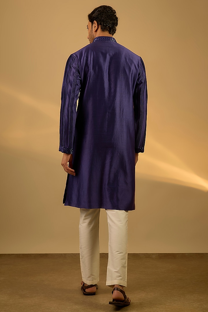 Blue Chanderi Hand & Machine Embroidered Kurta Set by SAMMOHAN at Pernia's Pop Up Shop