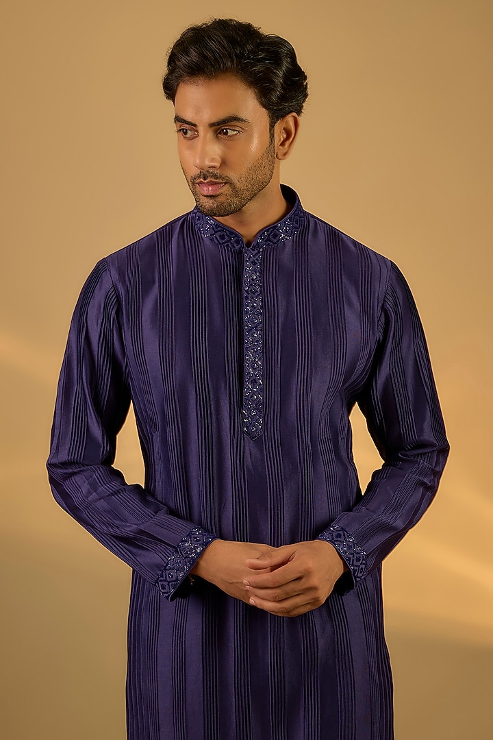 Blue Chanderi Hand & Machine Embroidered Kurta Set by SAMMOHAN at Pernia's Pop Up Shop