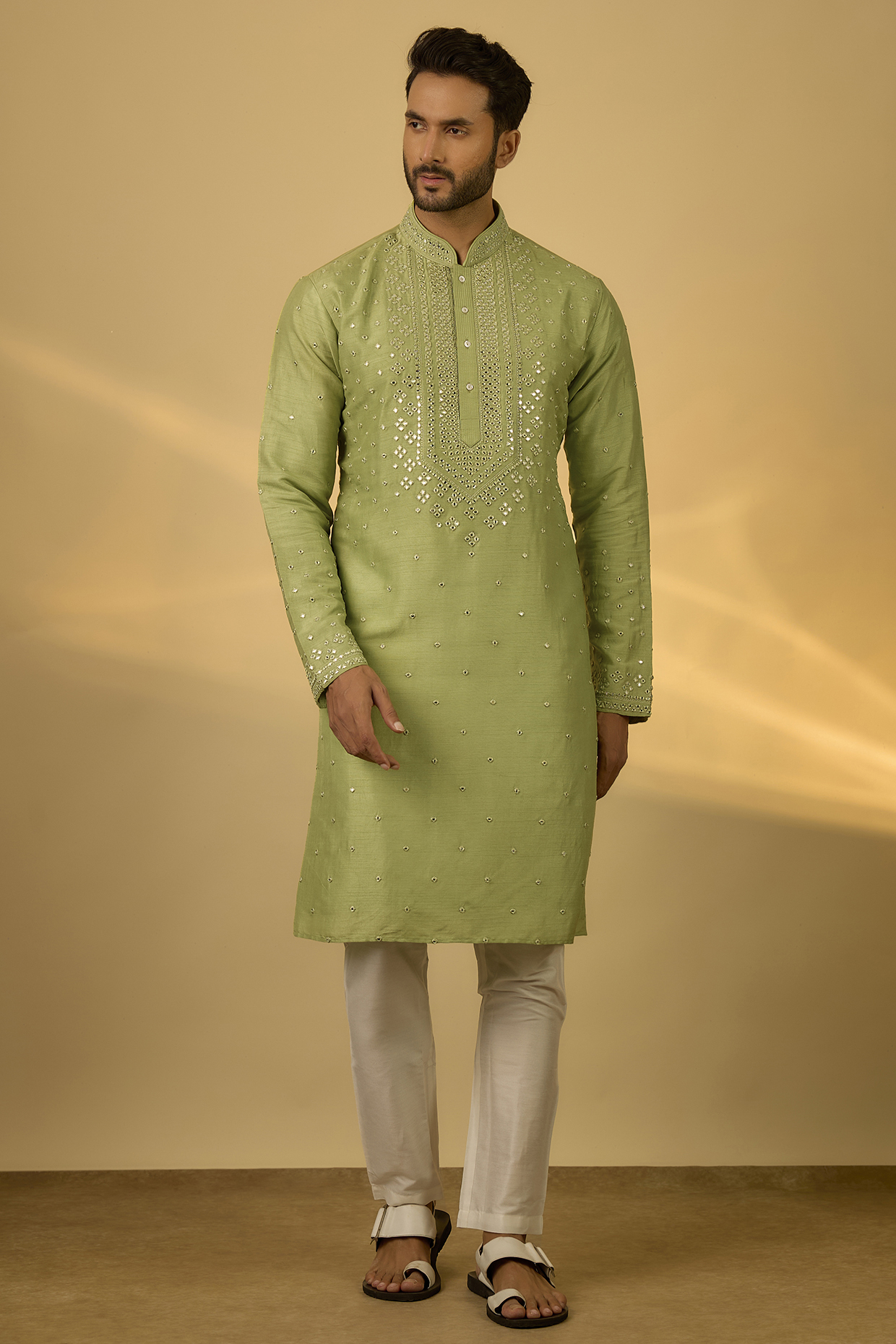 Green Tussar Mirror Hand & Machine Embroidered Kurta Set by SAMMOHAN