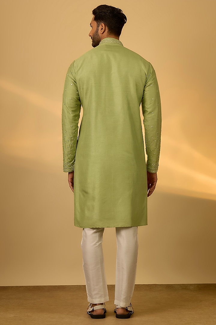 Green Tussar Mirror Hand & Machine Embroidered Kurta Set by SAMMOHAN at Pernia's Pop Up Shop