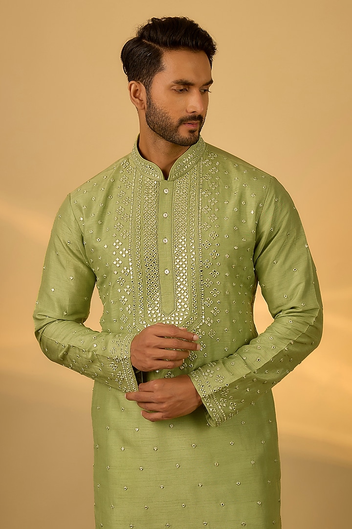 Green Tussar Mirror Hand & Machine Embroidered Kurta Set by SAMMOHAN at Pernia's Pop Up Shop