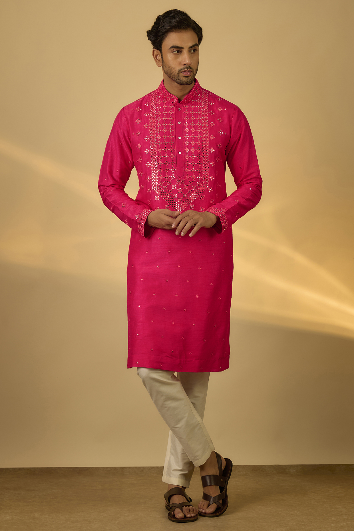 Dark Pink Tussar Mirror Hand & Machine Embroidered Kurta Set by SAMMOHAN