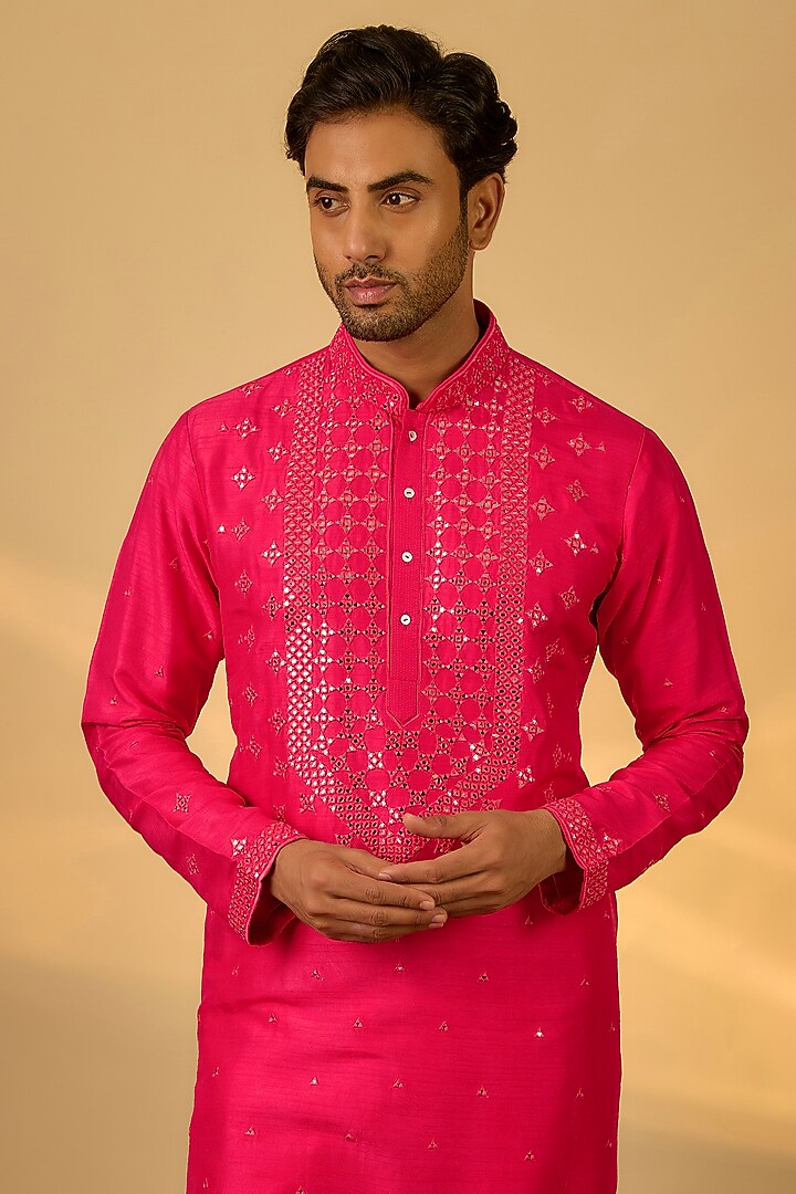 Dark Pink Tussar Mirror Hand & Machine Embroidered Kurta Set by SAMMOHAN at Pernia's Pop Up Shop