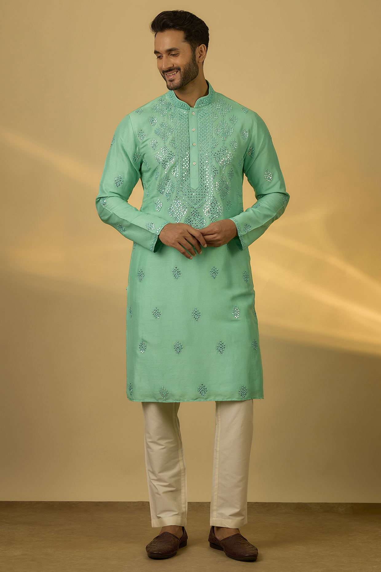 Sea Green Tussar Hand & Machine Embroidered Kurta Set by SAMMOHAN