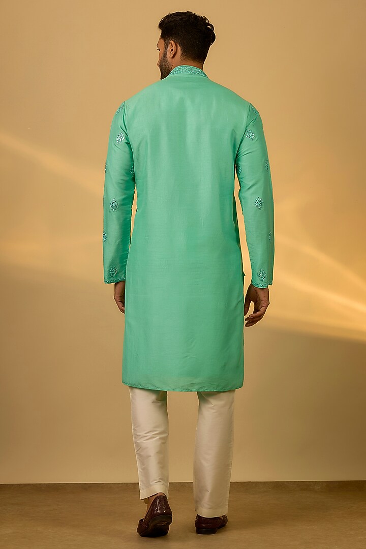Sea Green Tussar Hand & Machine Embroidered Kurta Set by SAMMOHAN at Pernia's Pop Up Shop