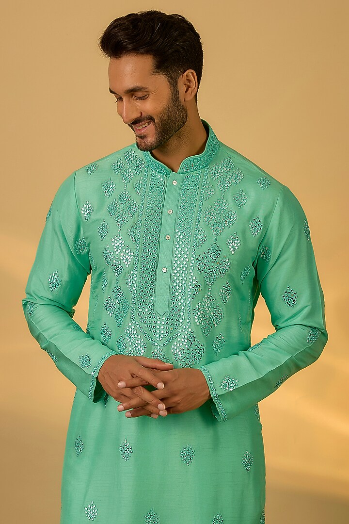 Sea Green Tussar Hand & Machine Embroidered Kurta Set by SAMMOHAN at Pernia's Pop Up Shop