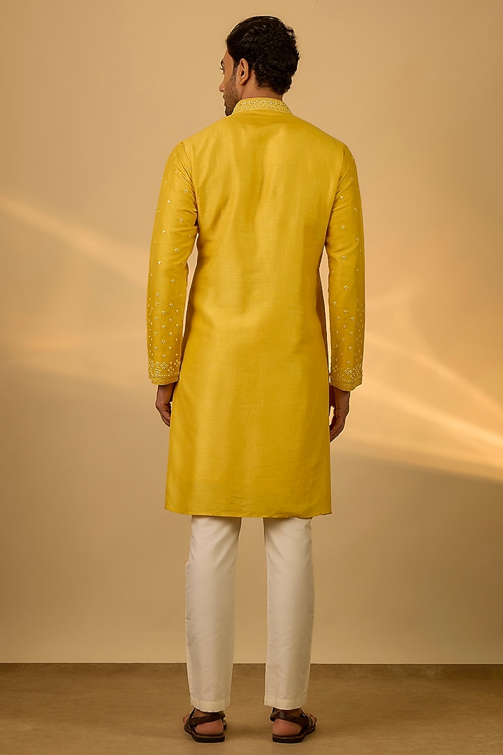 Yellow Tussar Mirror Hand & Machine Embroidered Kurta Set by SAMMOHAN at Pernia's Pop Up Shop