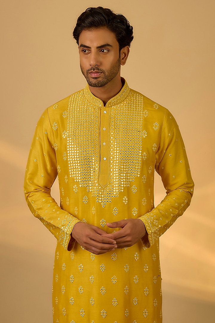 Yellow Tussar Mirror Hand & Machine Embroidered Kurta Set by SAMMOHAN at Pernia's Pop Up Shop