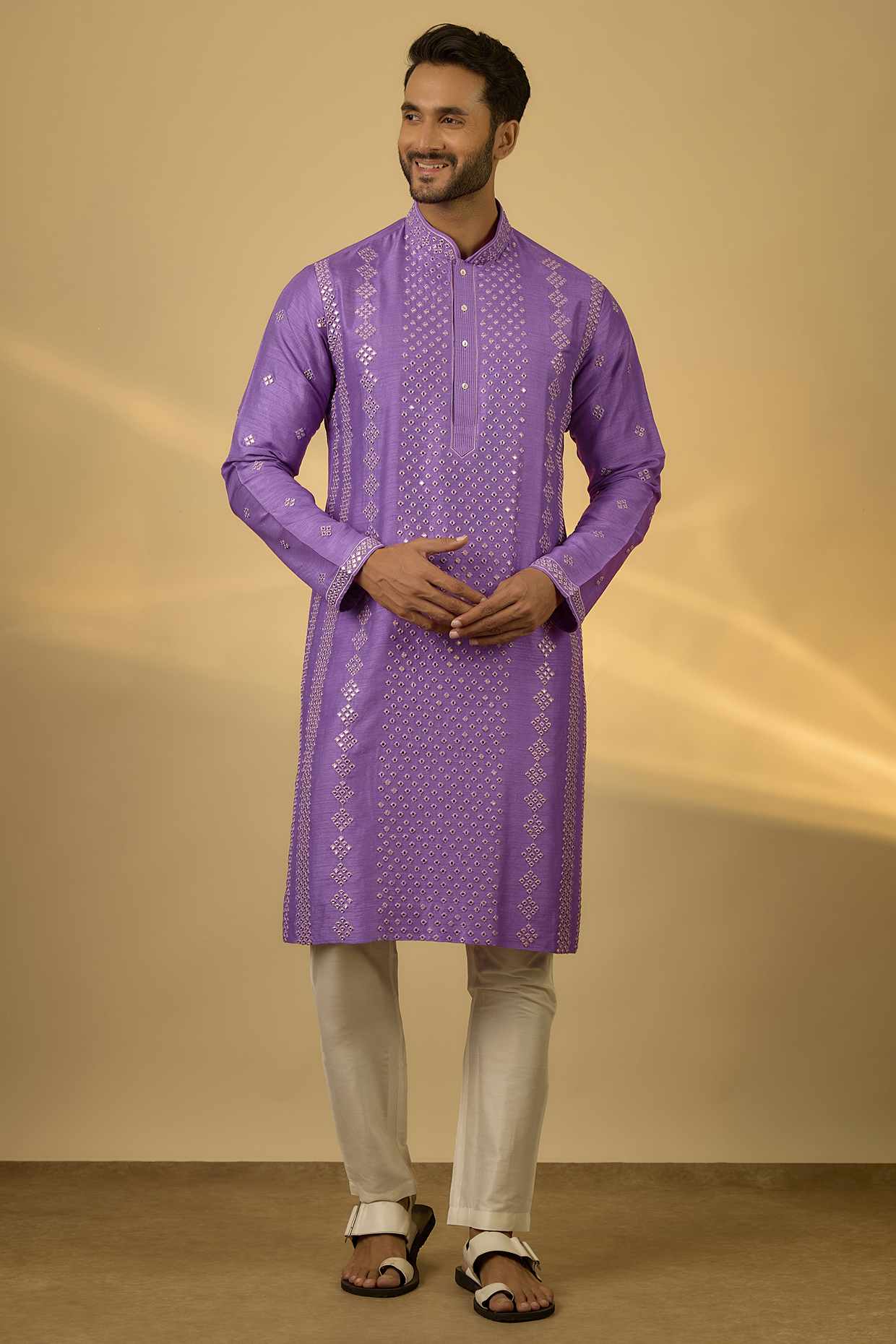 Lilac Tussar Mirror Hand & Machine Embroidered Kurta Set by SAMMOHAN