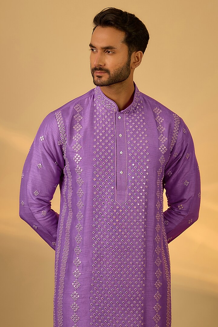 Lilac Tussar Mirror Hand & Machine Embroidered Kurta Set by SAMMOHAN at Pernia's Pop Up Shop