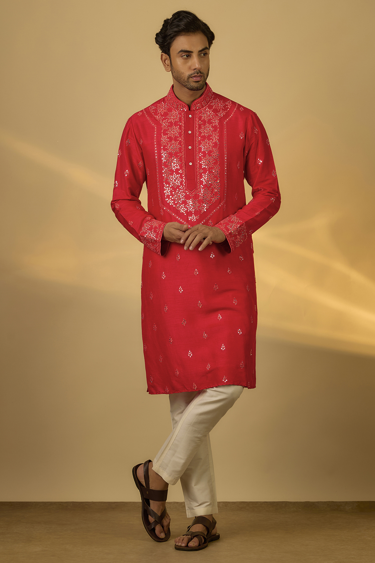 Red Chanderi Hand & Machine Embroidered Kurta Set by SAMMOHAN