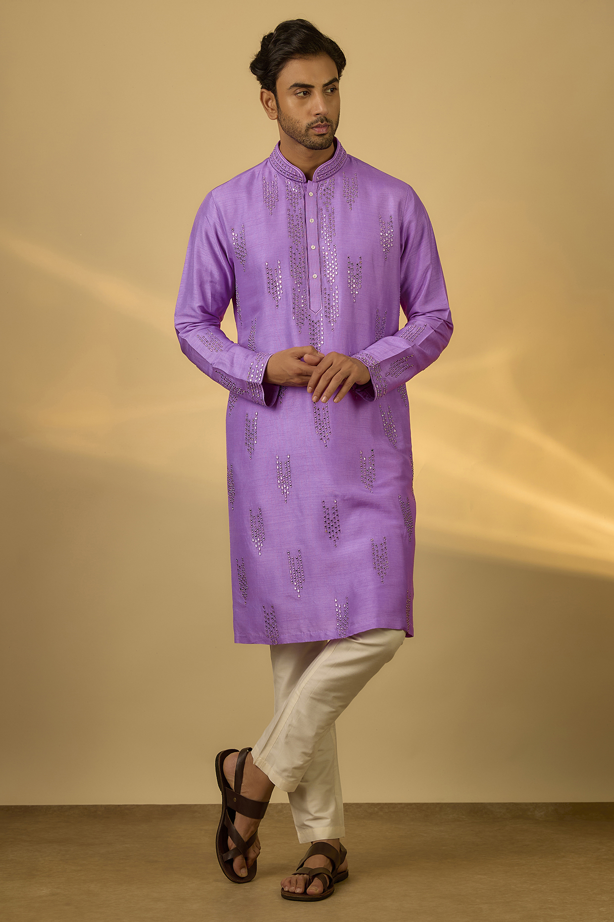 Lilac Tussar Mirror Hand & Machine Embroidered Kurta Set by SAMMOHAN