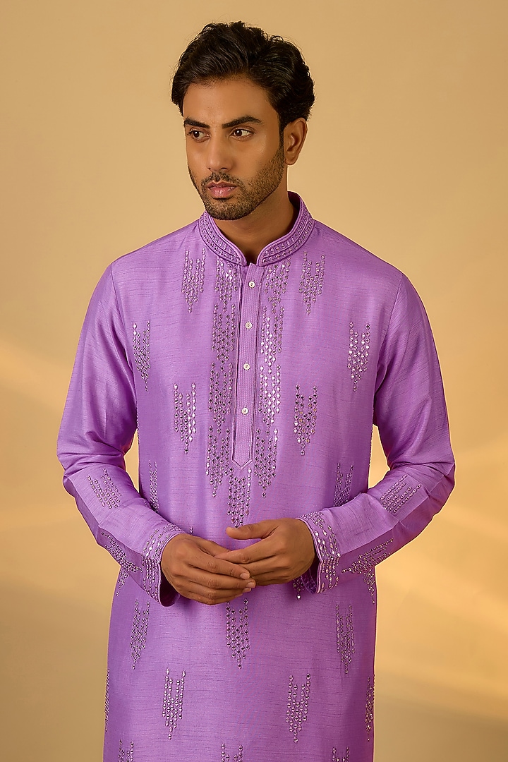 Lilac Tussar Mirror Hand & Machine Embroidered Kurta Set by SAMMOHAN at Pernia's Pop Up Shop