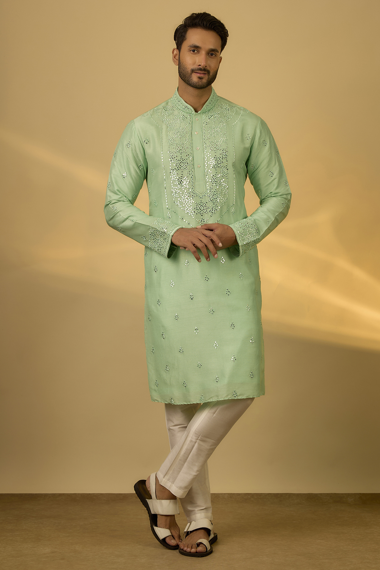Sea Green Tussar Mirror Hand & Machine Embroidered Kurta Set by SAMMOHAN