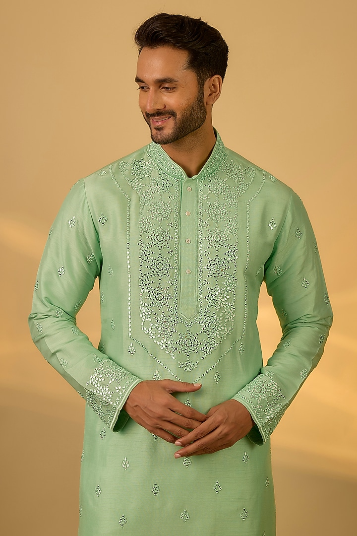 Sea Green Tussar Mirror Hand & Machine Embroidered Kurta Set by SAMMOHAN at Pernia's Pop Up Shop