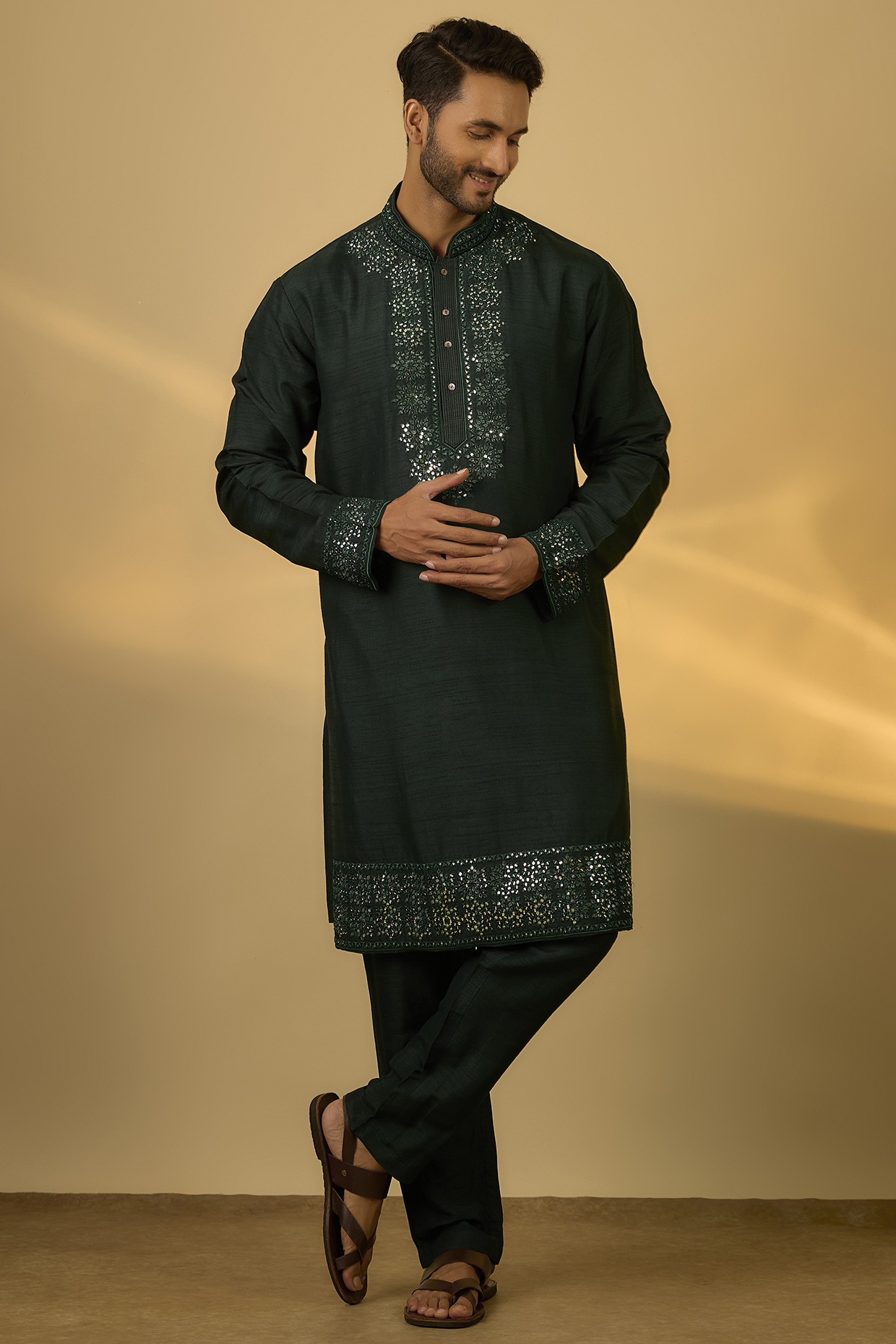 Emerald Green Tussar Mirror Embroidered Kurta Set by SAMMOHAN